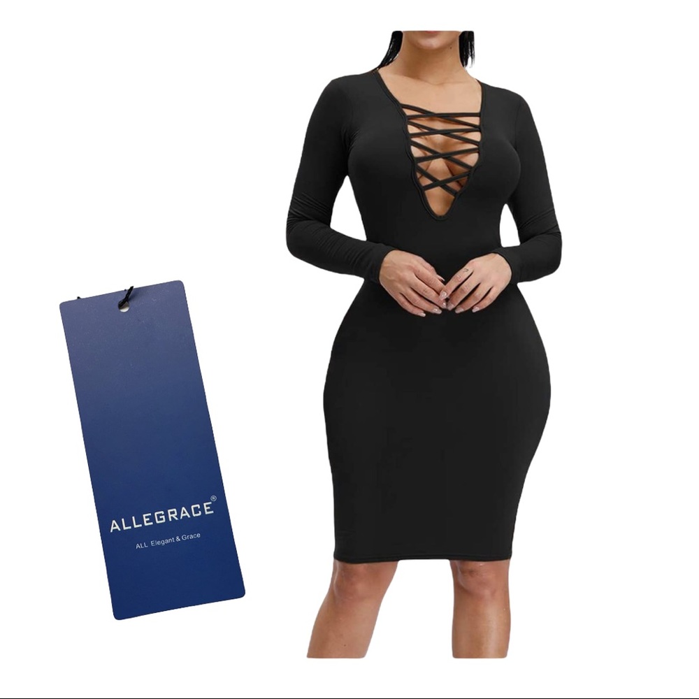 Pre-owned Black Long Sleeved Stretch Bodycon Bandage Strappy Dress L - Picture 2 of 5